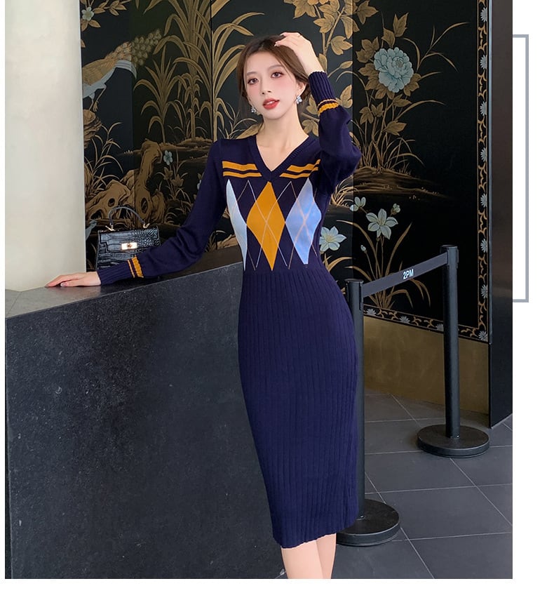 【dress】Vネックニットワンピース　M26546