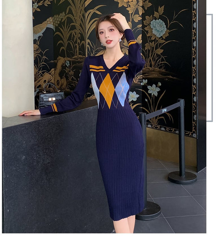【dress】Vネックニットワンピース　M26546