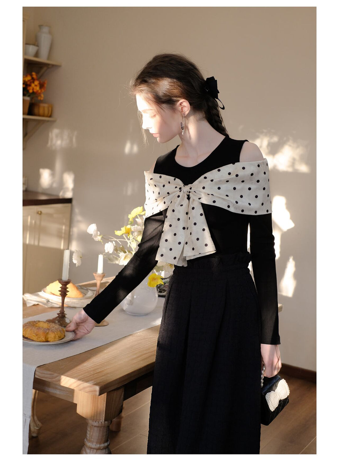 【tops】オフショルダーリボンニットトップス　N2796
