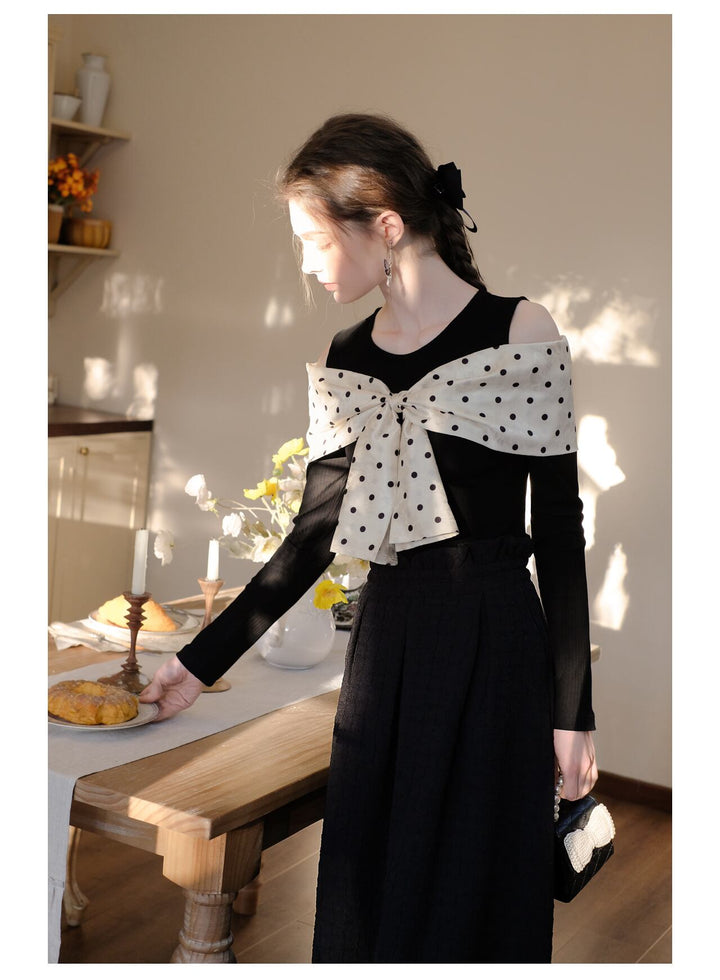 【tops】オフショルダーリボンニットトップス　N2796