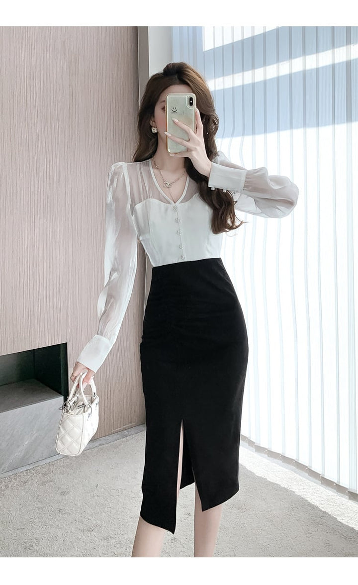 【dress】Vネックドッキングワンピース　M26462