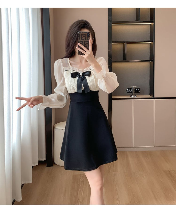 【dress】リボン付き切り替えデートワンピースオシャレ　M17575