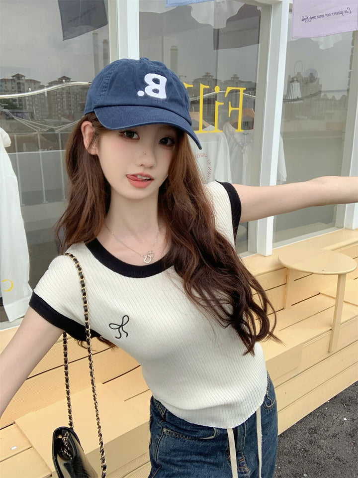 【tops】リボン刺繍ニットTシャツ　M25106