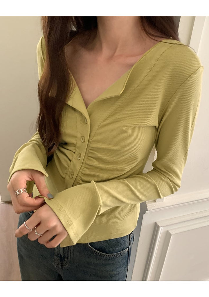 【tops】ボタンデザイン長袖Tシャツトップス　M18228