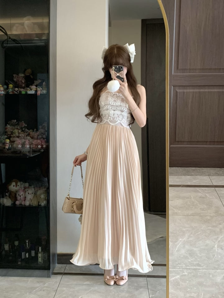 【dress】レースドッキングプリーツロングワンピース N3526