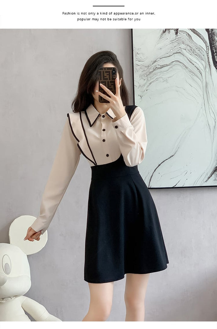 【dress】韓国系折り襟フリル切り替えデートワンピース　M17399