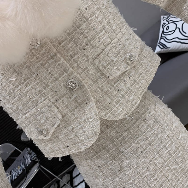 【set】ファー付きツイードジャケット×ロングスカートセット Q7463