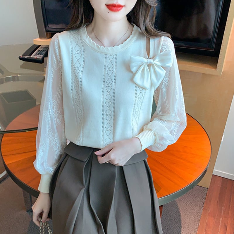 【tops】優しい雰囲気リボン付きレース切り替えトップス　M17185