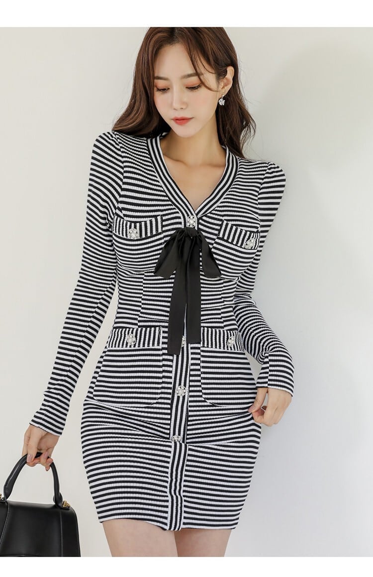 【dress】ボーダー柄リボン付きニットワンピース　M18084