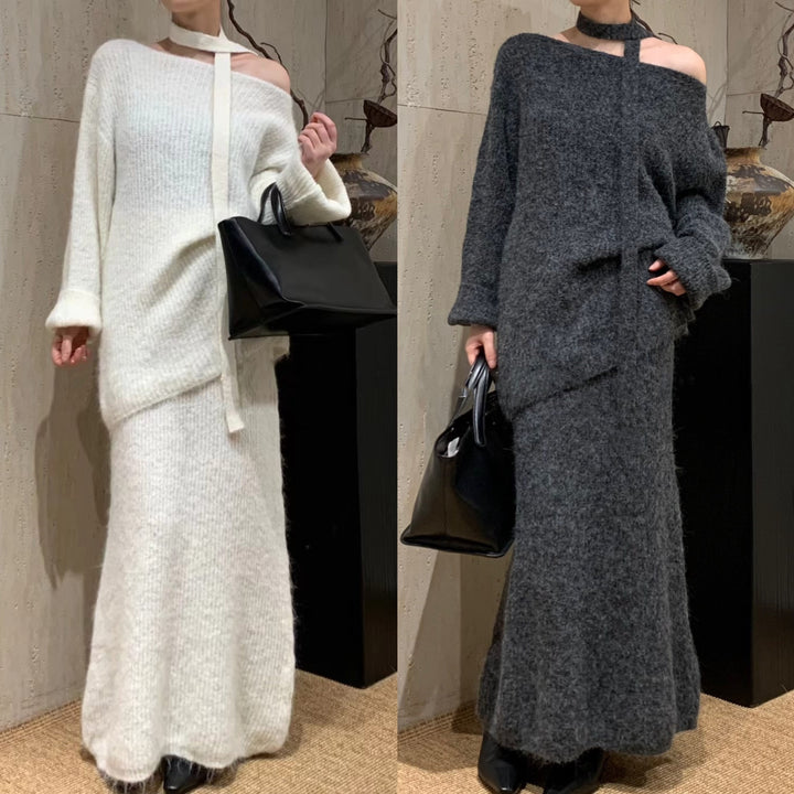 【set】チョーカー付ニットトップス×ロングスカートセット　N2774