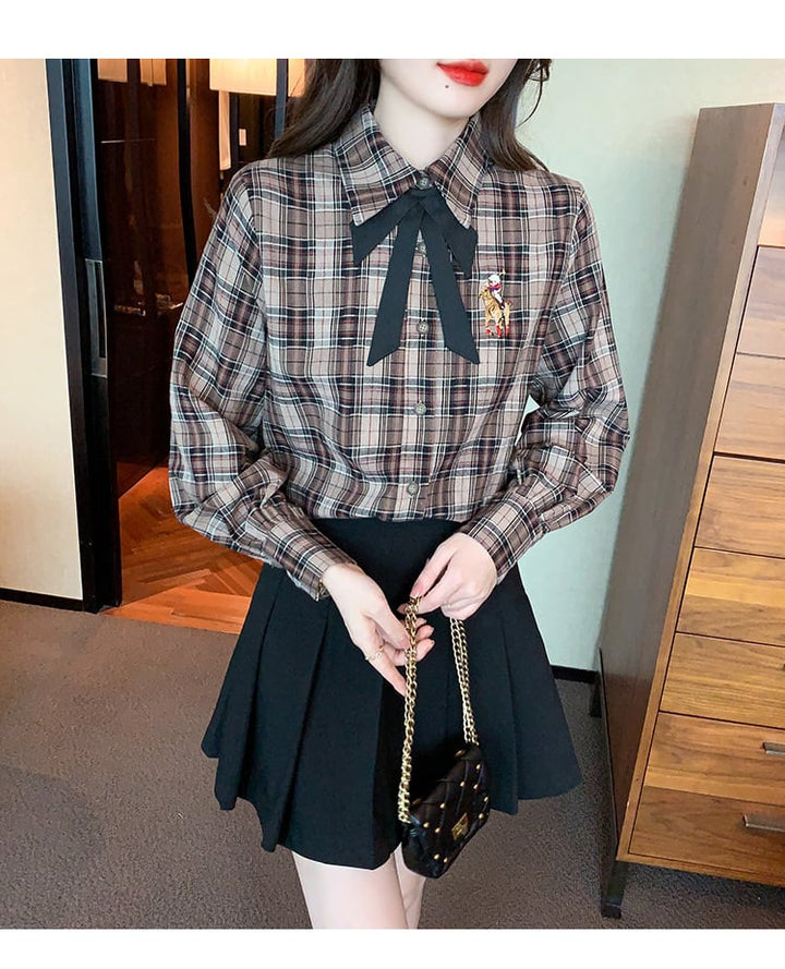 【tops】気質満点大人可愛いリボン付きチェック柄シャツ　M17329