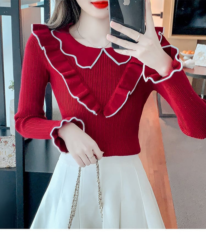 【tops】折り襟フリルニットトップス　M18137