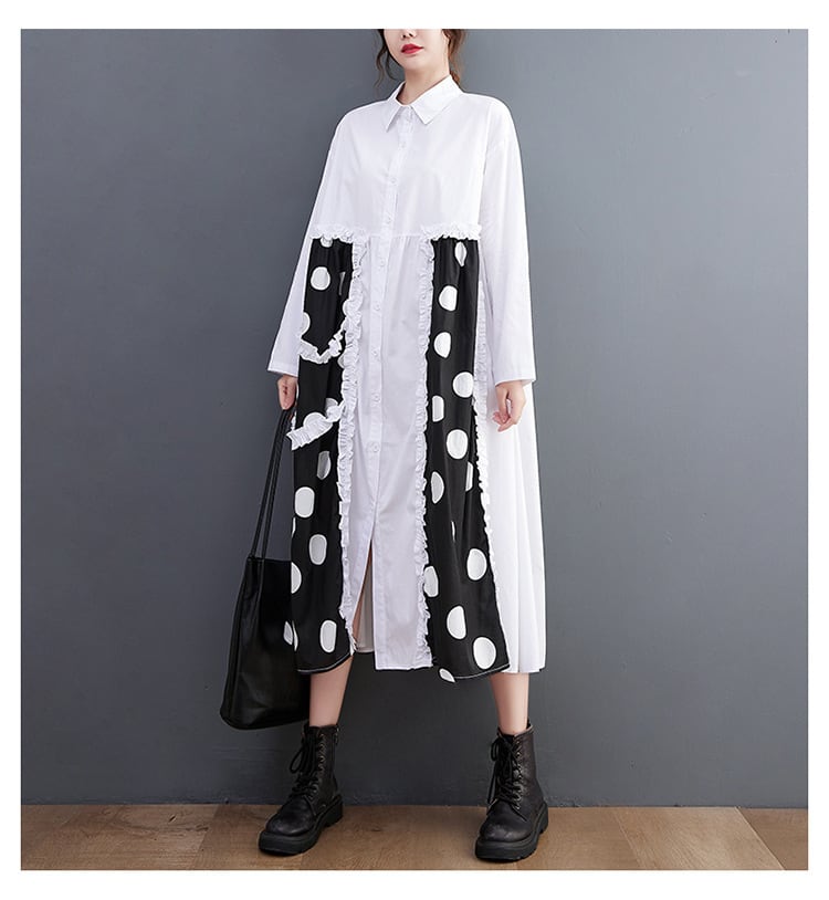 【dress】韓国系プリント切り替えシャツワンピースゆったり　M17448