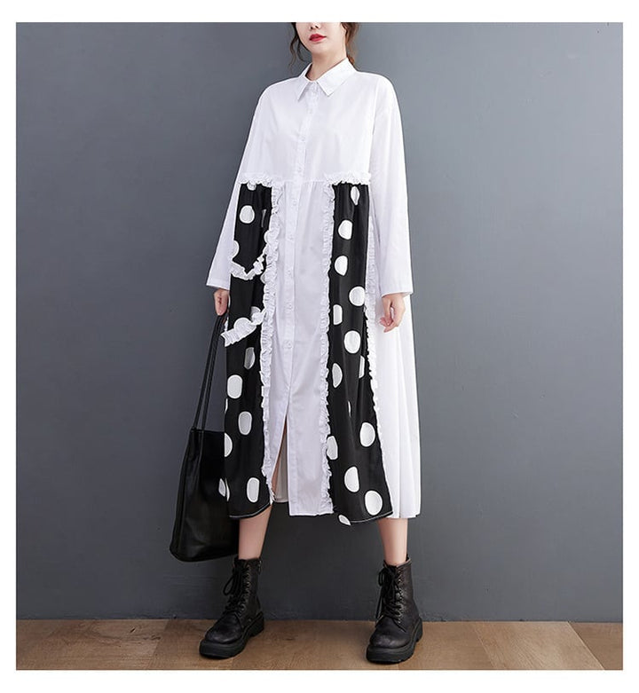 【dress】韓国系プリント切り替えシャツワンピースゆったり　M17448