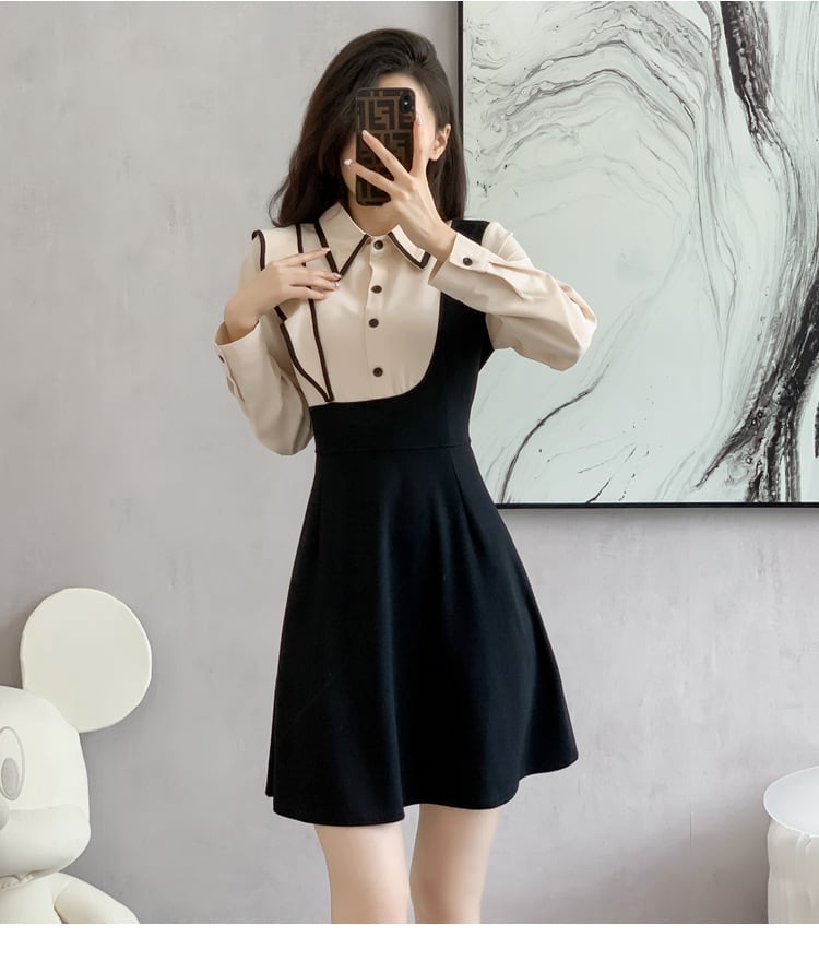 【dress】韓国系折り襟フリル切り替えデートワンピース　M17399