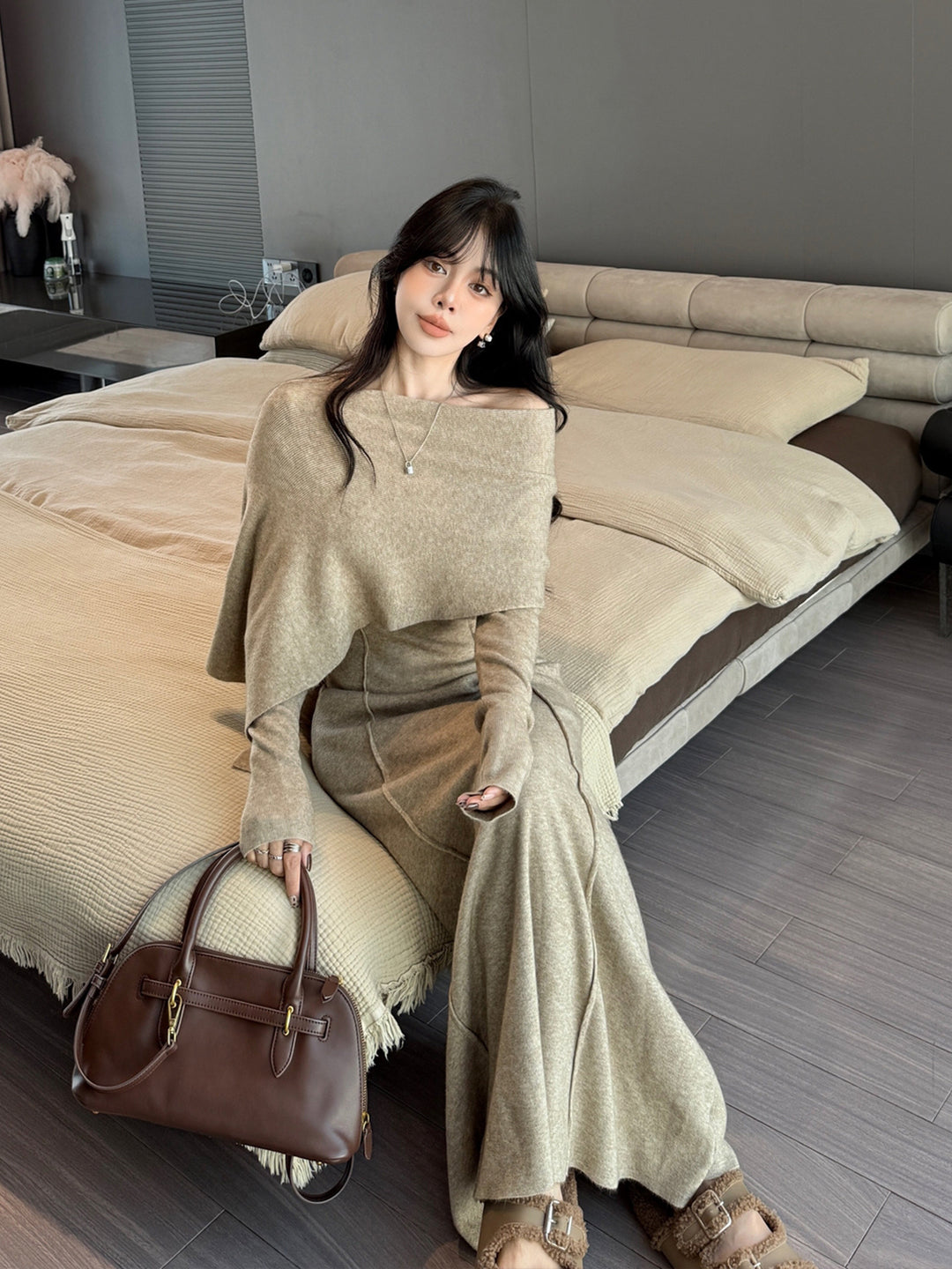 【dress】ケープ付きニットロングワンピース Q9179