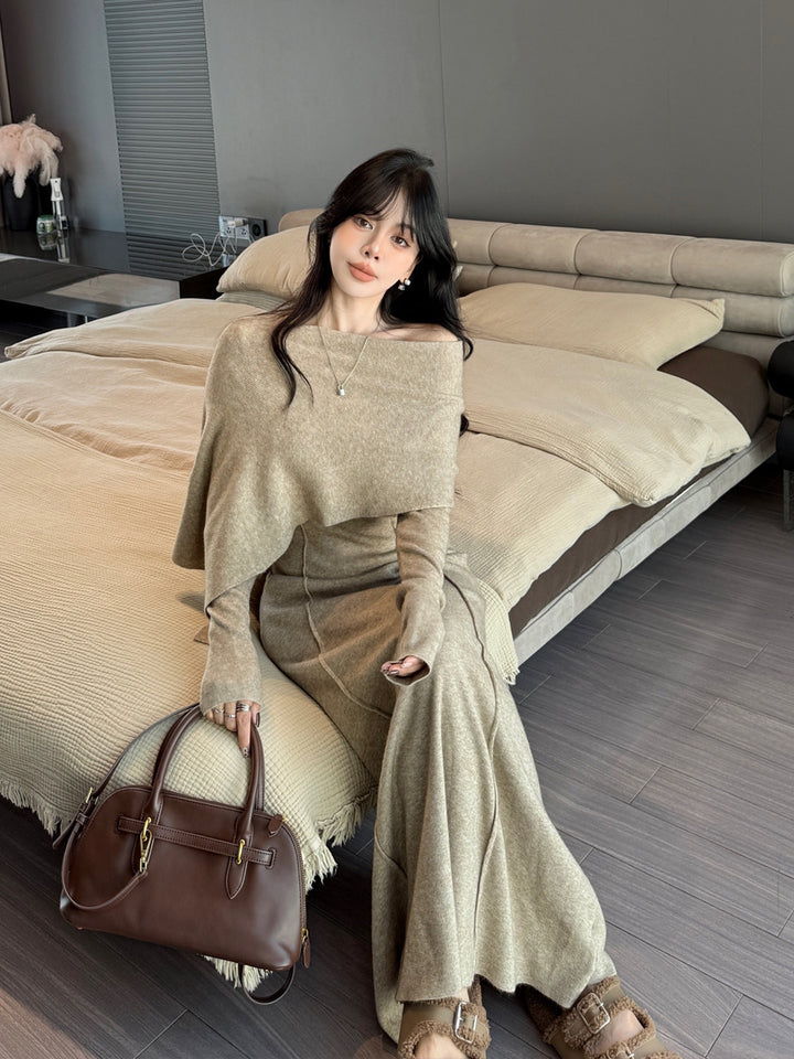【dress】ケープ付きニットロングワンピース Q9179