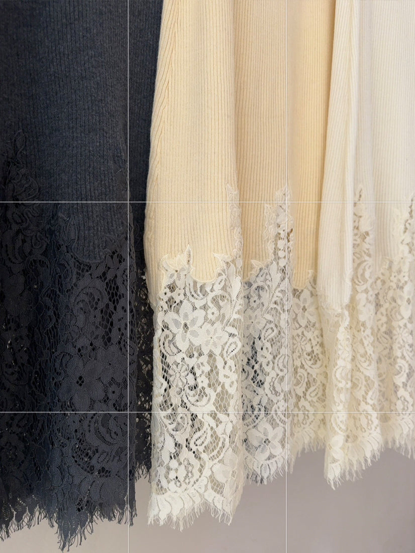 【bottoms】レースドッキングニットロングスカート Q9149