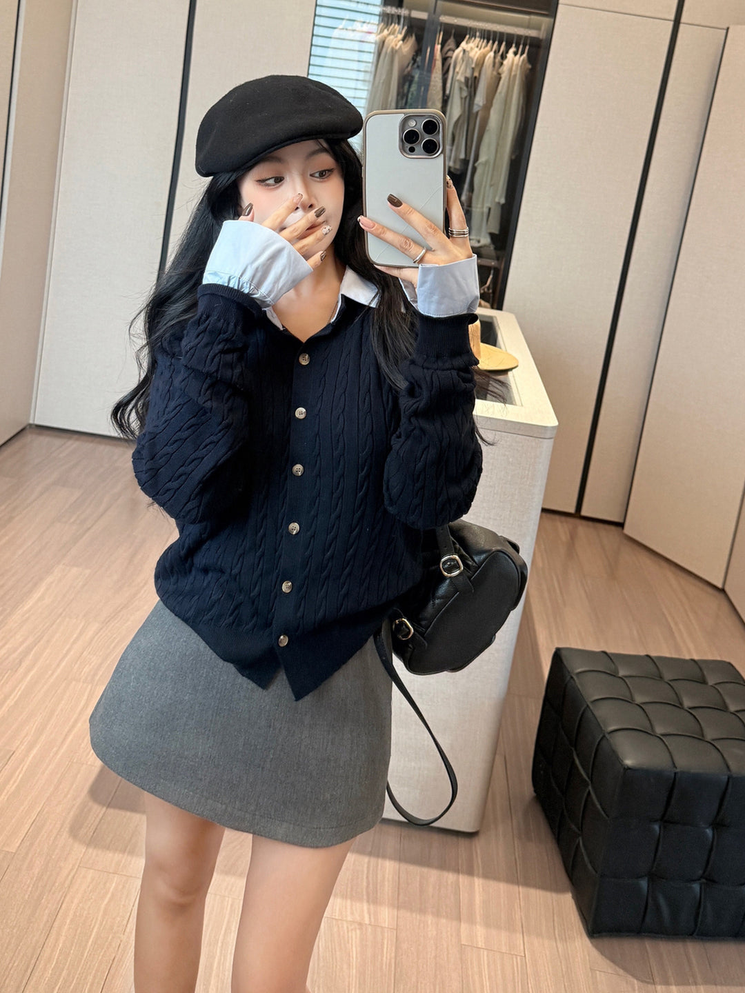 【tops】シャツネックフェイクレイヤードニットトップス Q9186
