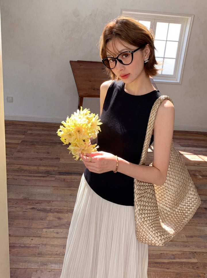 【dress】ノースリーブフェイクレイヤードワンピース Q8697