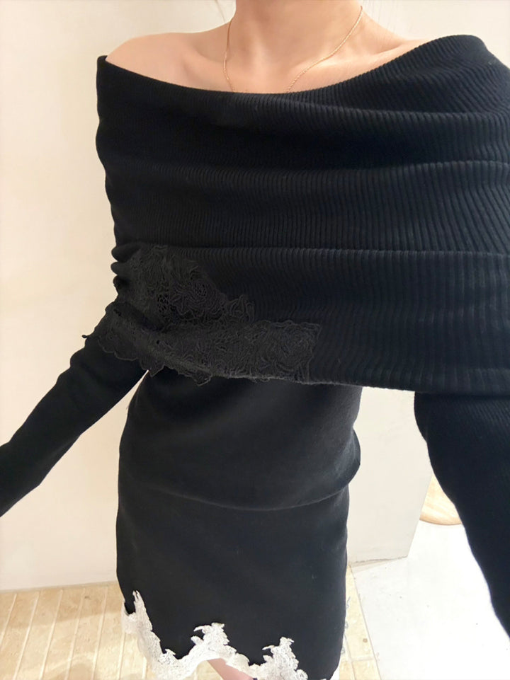 【tops】オフショルダーレースドッキングニットトップス Q9126
