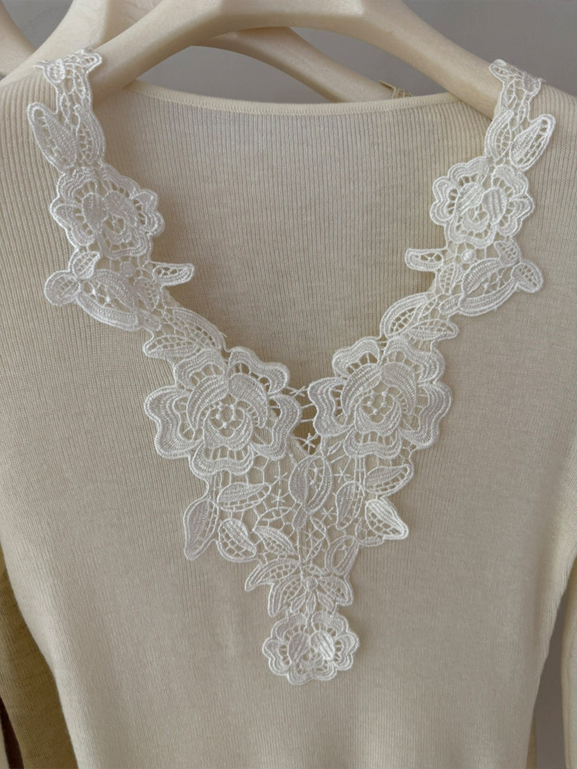【tops】レースドッキングVネックニットトップス Q9148