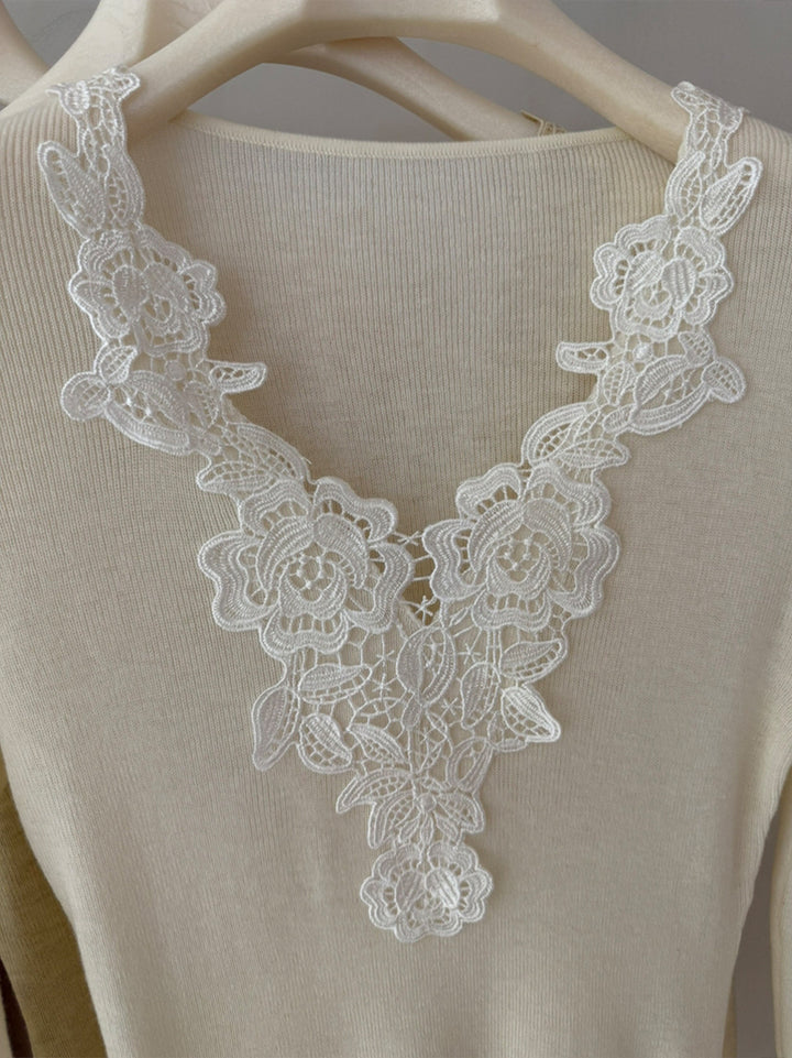 【tops】レースドッキングVネックニットトップス Q9148