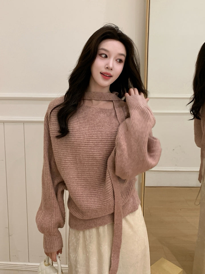 【tops】スカーフ付きニットトップス Q9241