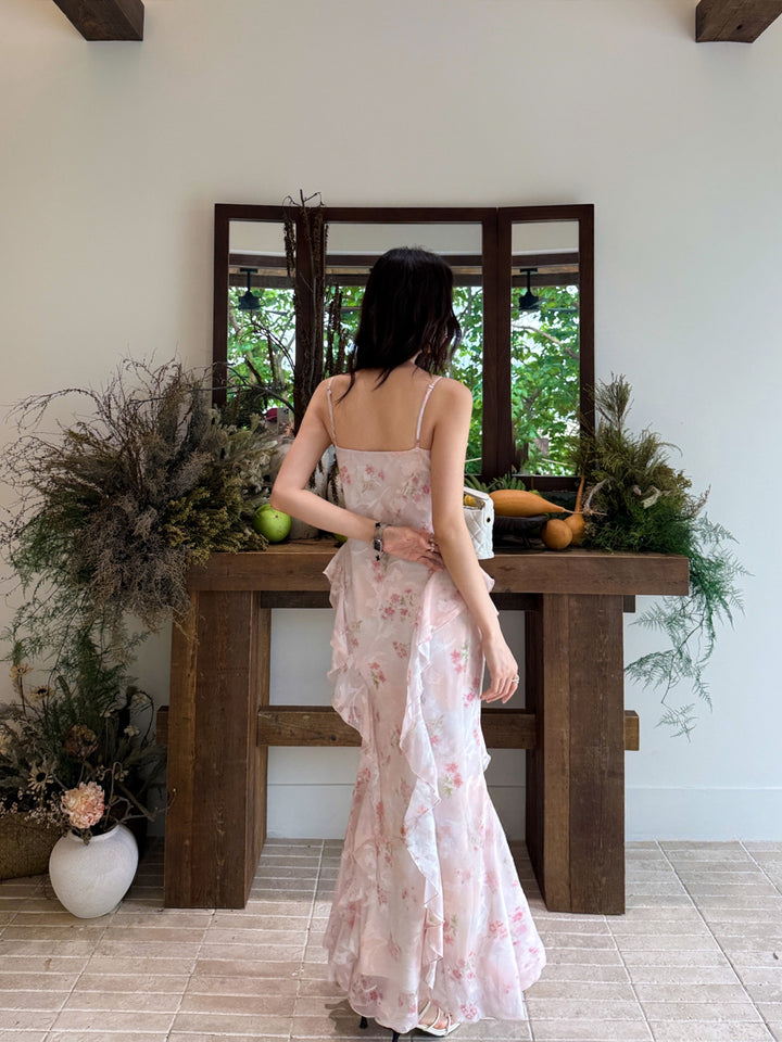 【dress】フラワー柄ギャザーフリルロングキャミワンピース Q8668