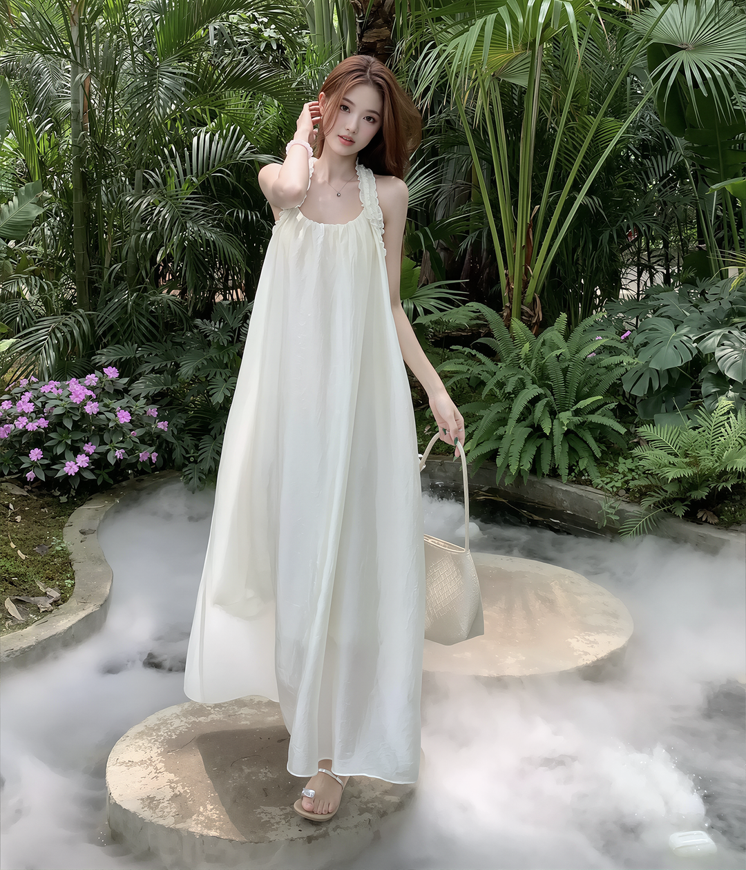 【dress】ノースリーブＴストラップバックロングワンピース Q8593