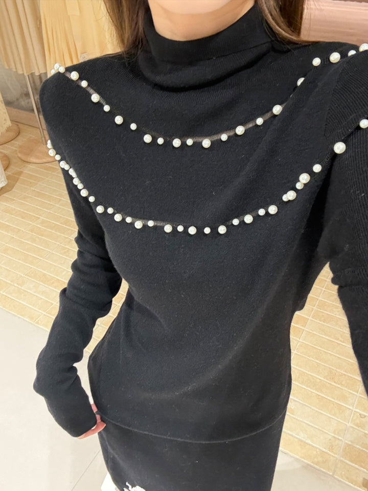 【tops】パール付きハイネックニットトップス Q9133