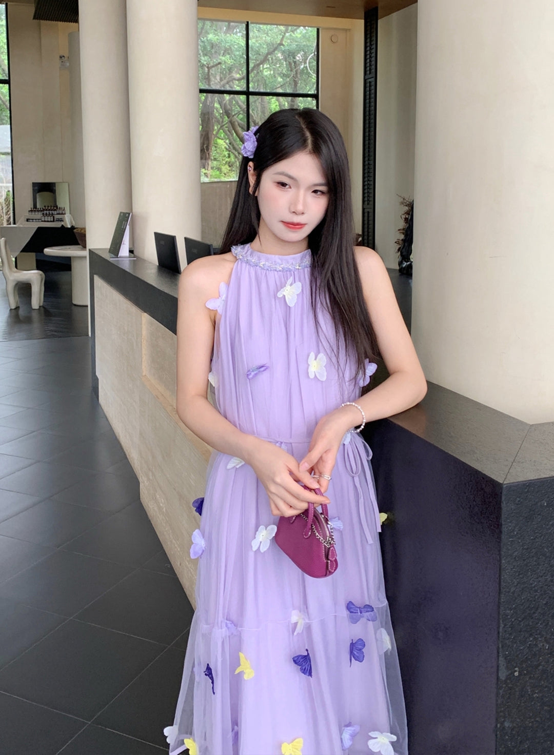 【dress】ノースリーブ立体感蝶ロングワンピース Q8662