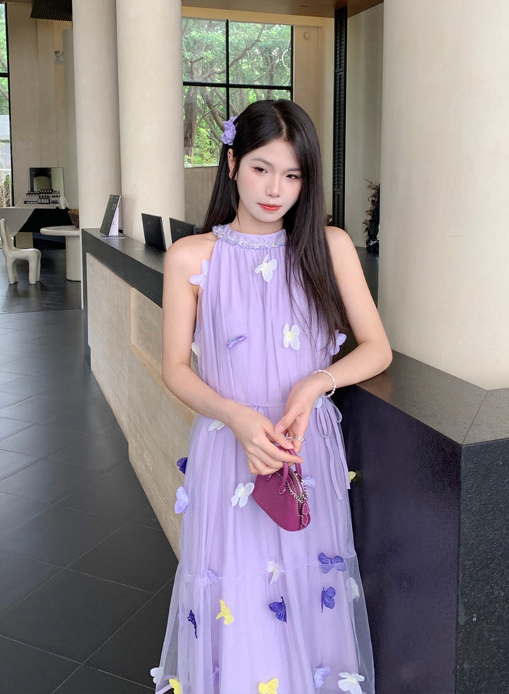 【dress】ノースリーブ立体感蝶ロングワンピース Q8662