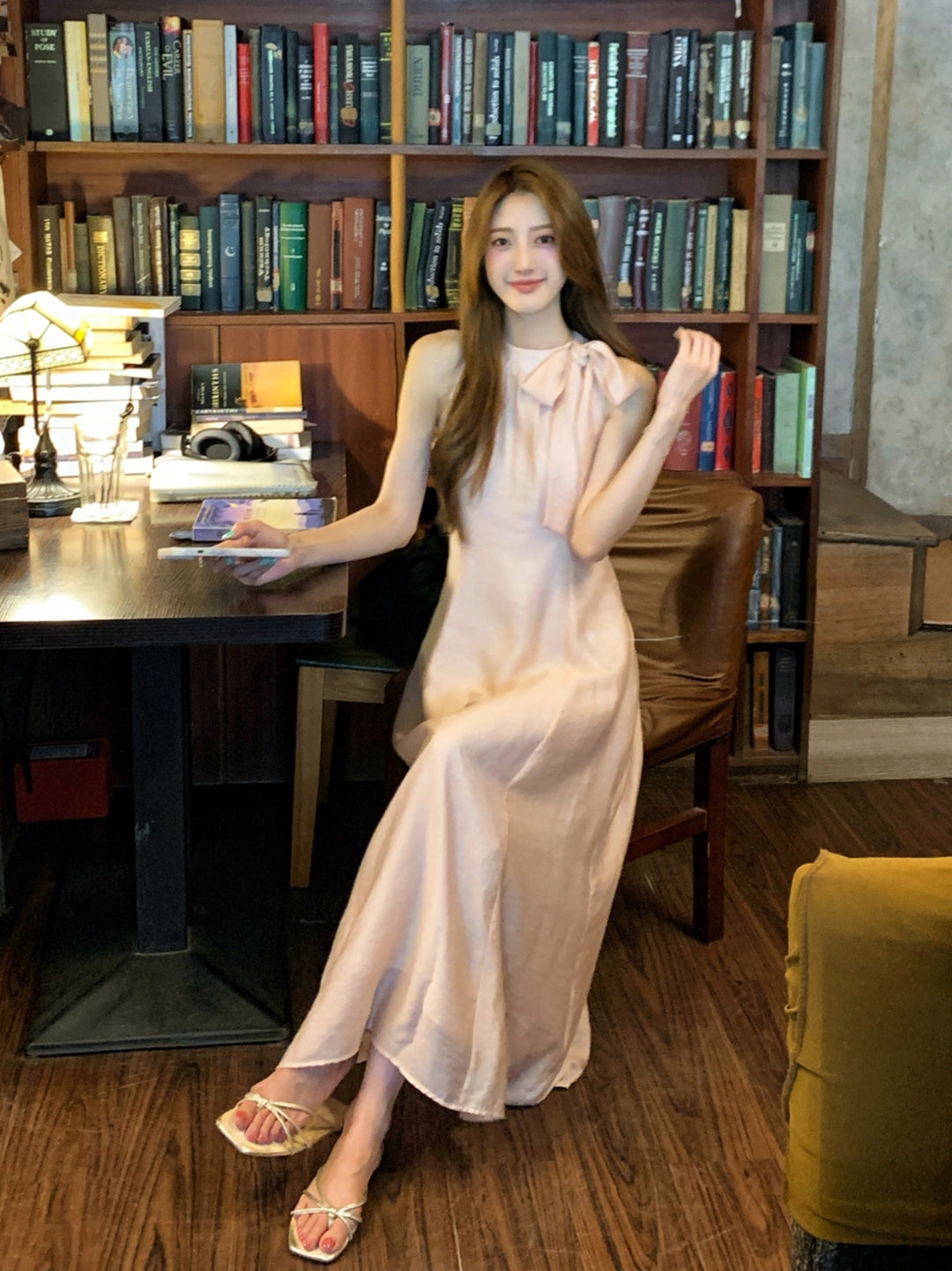 【dress】ノースリーブリボン付きロングワンピース Q8663