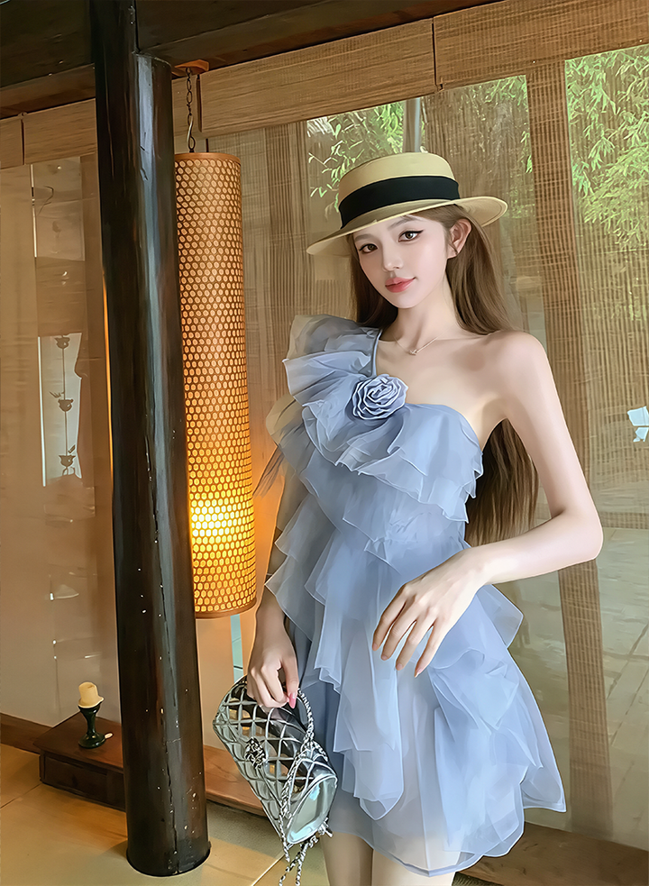 【dress】ワンショルダーチュールティアードワンピース Q8603