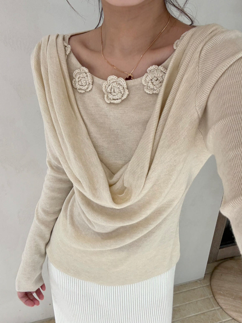 【tops】立体フラワー付きドレープドネックニットトップス Q9130