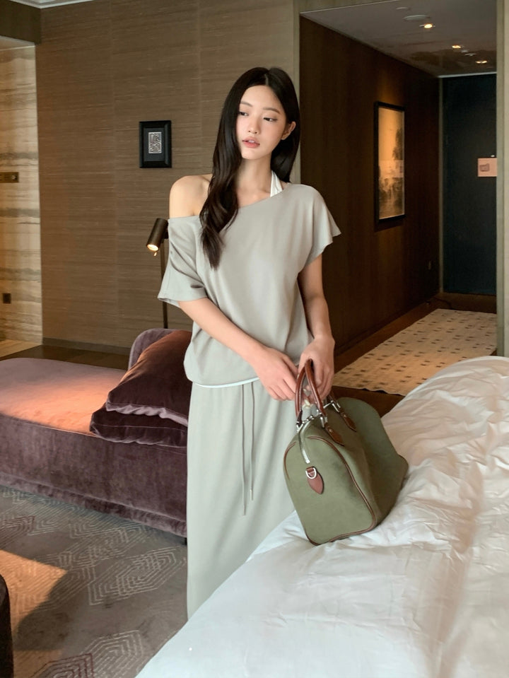 【set】ホルターネックフェイクレイヤードトップス×ロングスカートセット Q8653