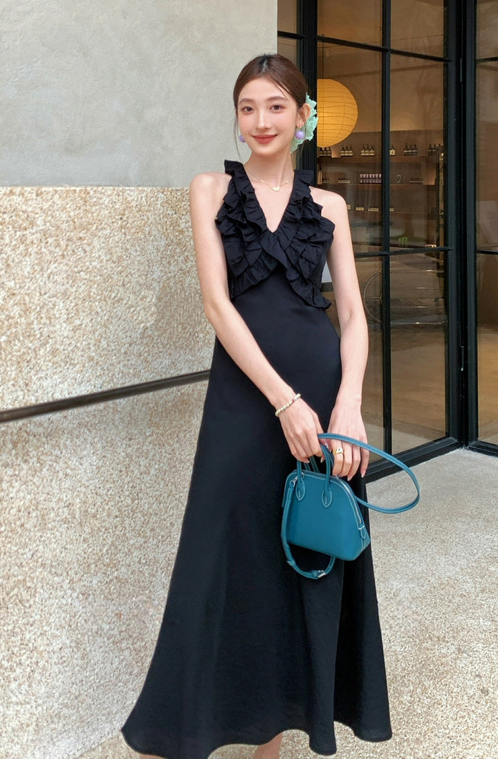 【dress】ノースリーブVネックギャザーフリルワンピース Q8678