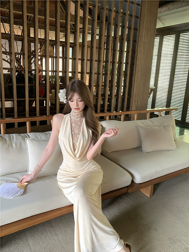 【dress】レースドッキングドレープドネックワンピース Q8634