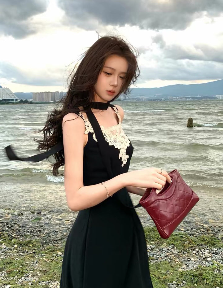【dress】スカーフ付きレースドッキングロングワンピース Q8691