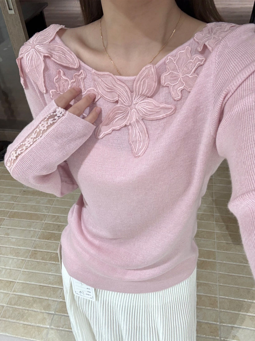 【tops】立体フラワー付きニットトップス Q9138