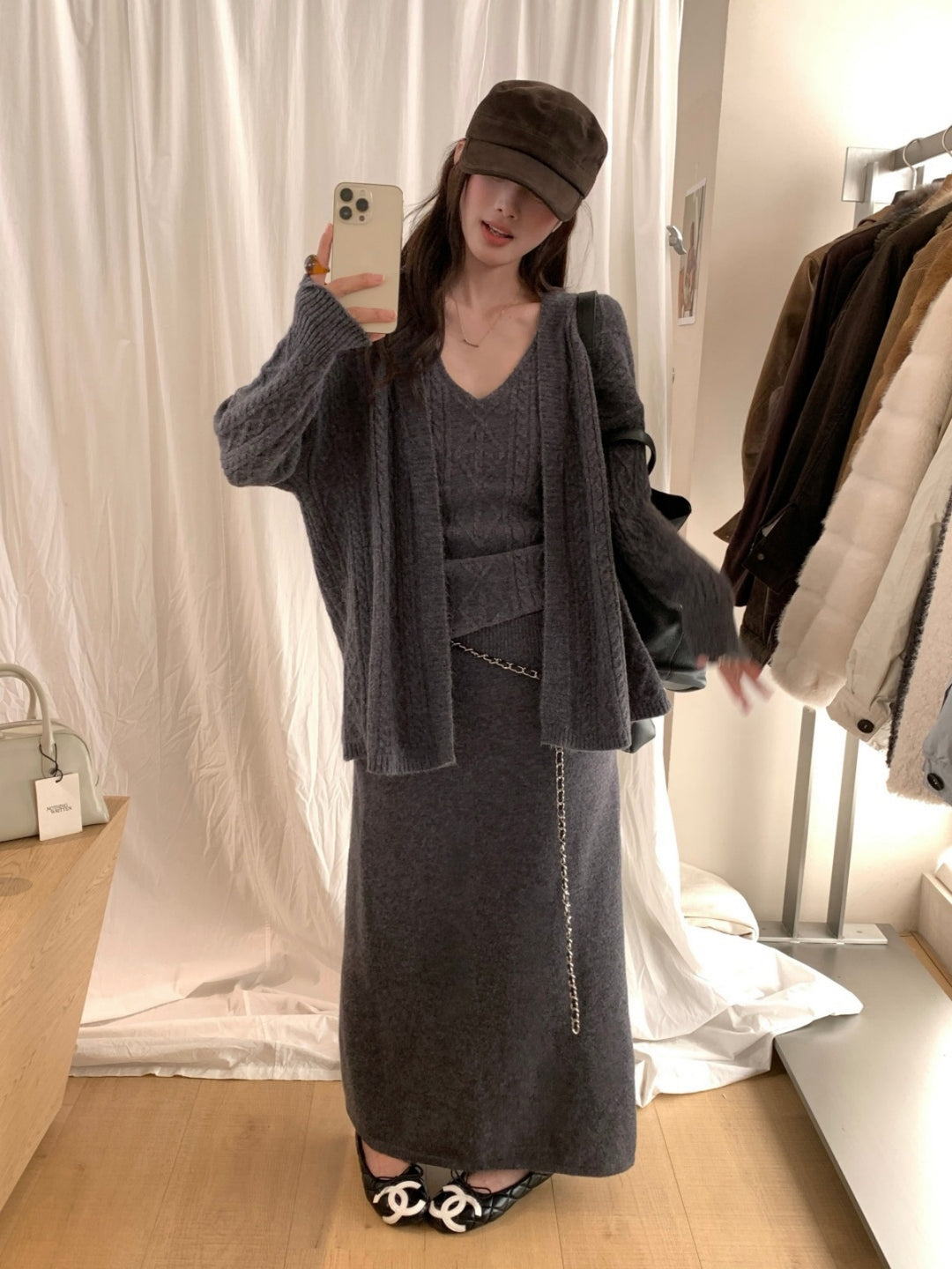 【set】ニットキャミソール×ニットカーディガン×ロングスカート3点セット Q9266