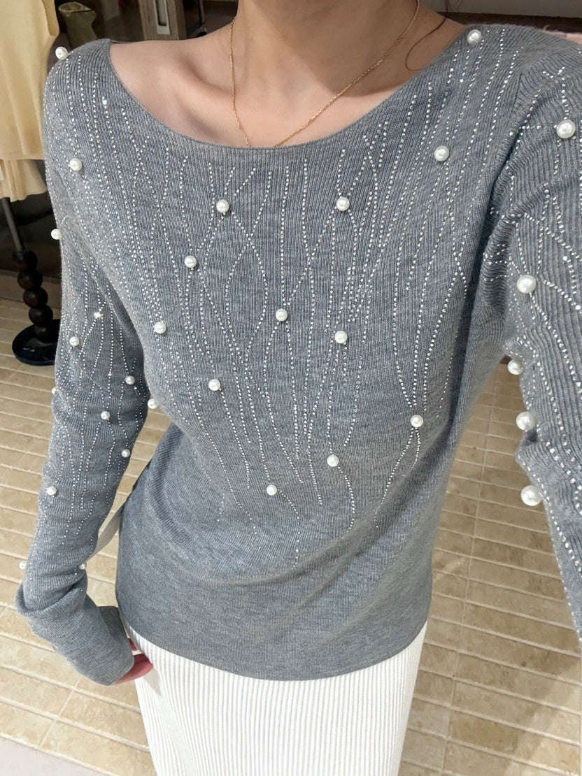 【tops】パール付きニットトップス Q9134