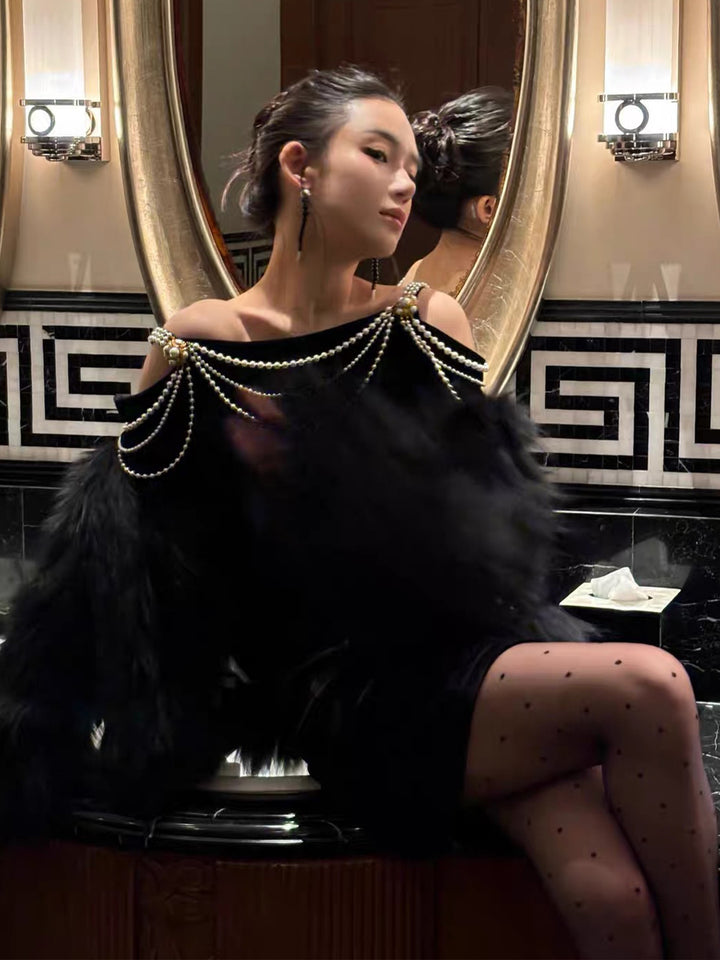 【dress】パールチェーン付きベルベットワンピース Q9103