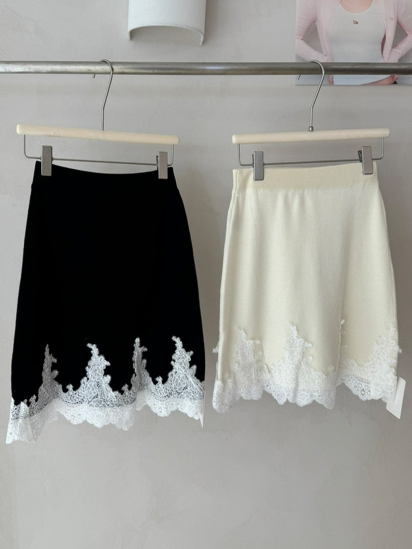 【bottoms】レースドッキングニットスカート Q9132