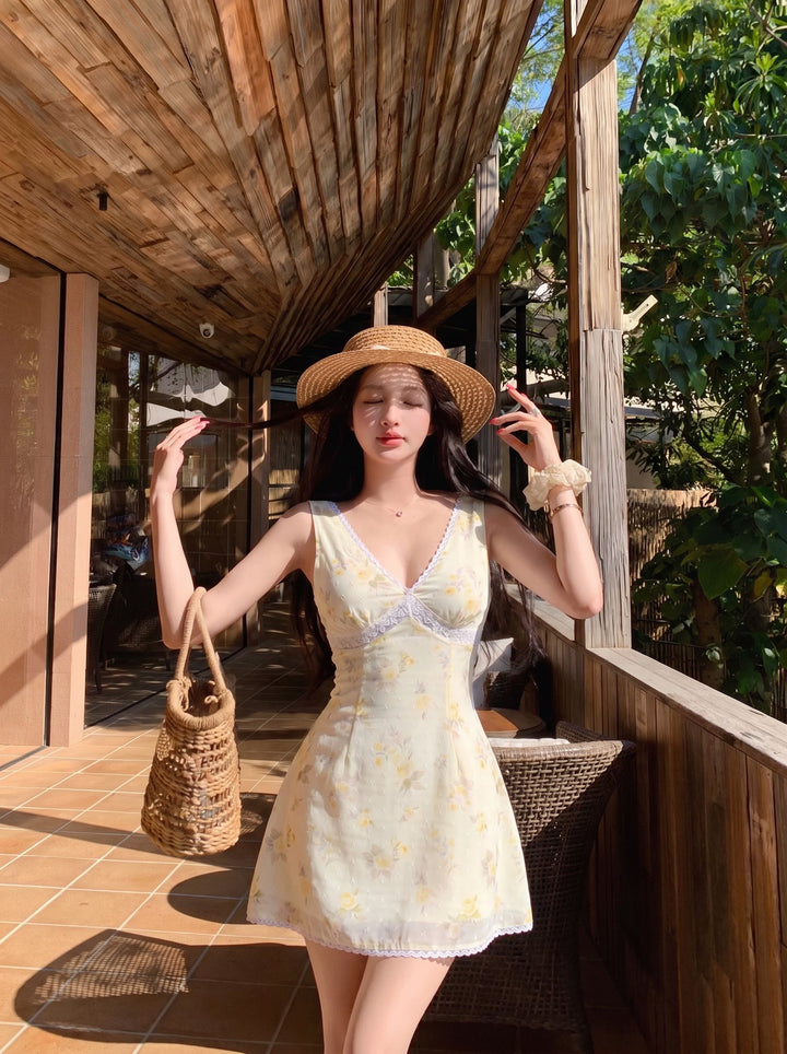 【dress】フラワー柄レースドッキングキャミワンピース Q8713