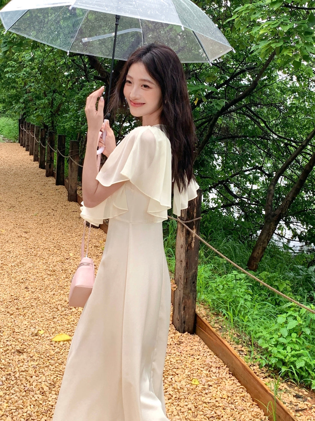 【dress】レースドッキングハンカチーフスリーブロングワンピース Q8675
