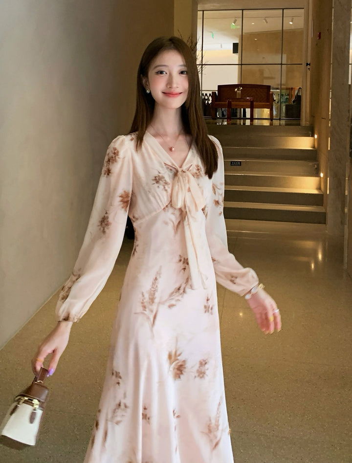 【dress】ボウタイフラワー柄ロングワンピース Q8919