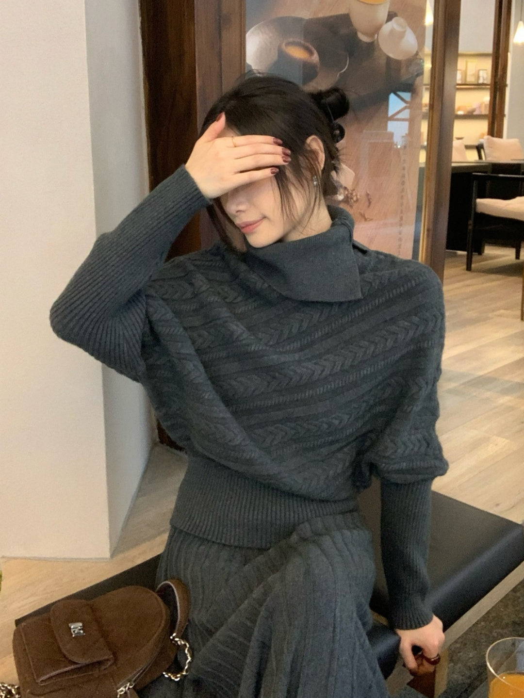 【set】ハイネックニットトップス×ロングスカートセット Q9253