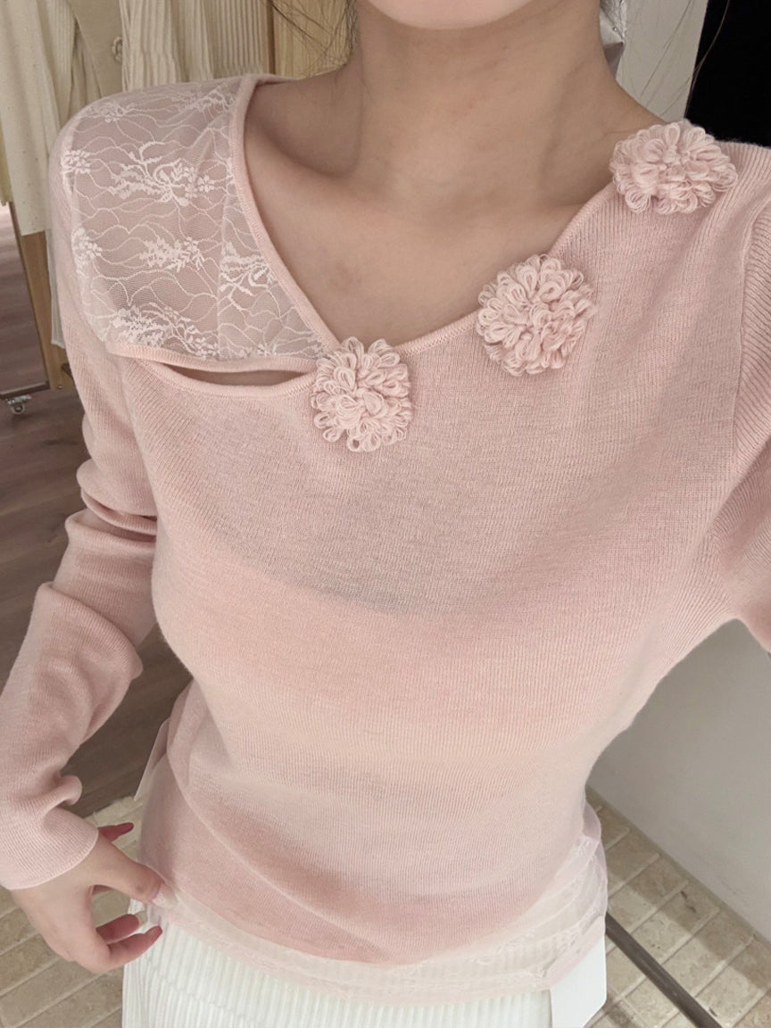 【tops】立体フラワー付きレースドッキングトップス Q9125